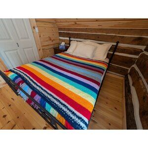 Vintage Handmade Crochet Stripe Blanket 51x57 Fringe Afghan Throw Boho